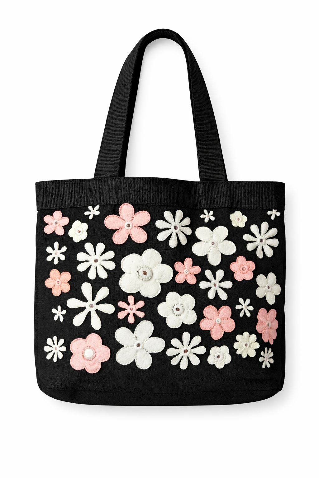 hand embroidered tote with attached purse. white and pink flowers on a black linen background. Made in India by a Women's fair trade collective.