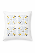 White cushion cover featuring a symmetrical embroidered pattern of four floral medallions. Each motif includes delicate pale blue leaves and small yellow birds arranged around the centre, with navy accents and tiny yellow circular details. The repeating folk-inspired design creates a light, decorative look against the crisp white fabric.