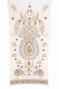 White fabric textile featuring a symmetrical folk-style embroidered design in warm tones of rust, mustard, and soft black. The central motif is a large paisley medallion surrounded by decorative florals and scrolling shapes. At the top, two stylised birds face each other, while at the bottom two small elephants face outward. Small floral dots and paisley accents are scattered throughout the design, with a patterned border along the lower edge.