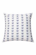 Decorative pillow with hand embroidered two tone blue leaf pattern on a white background. 100% cotton, hand wash. made by women's collective in India.