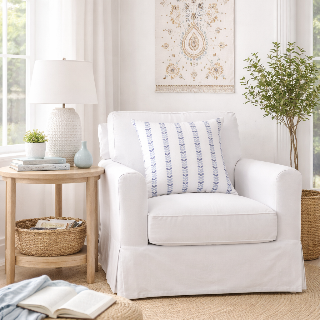 Decorative pillow with hand embroidered two tone blue leaf pattern on a white background. 100% cotton, hand wash. made by women's collective in India. Pillow featured on a white chair in a Hampton's style living room.