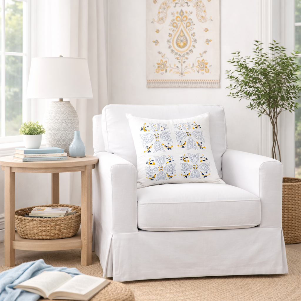 stylised open flower motif in shades of blue on a white background