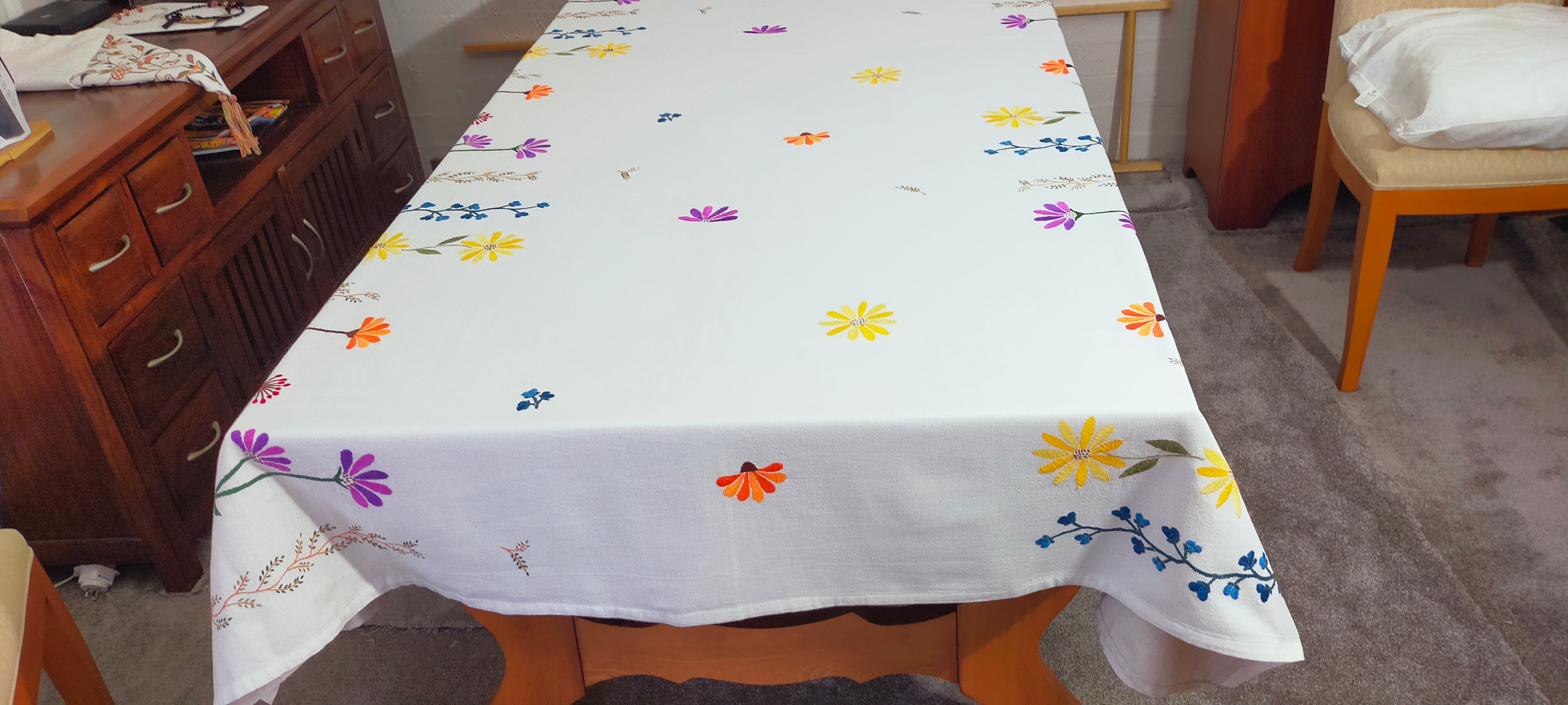 Floral Hand Embroidered Tablecloth